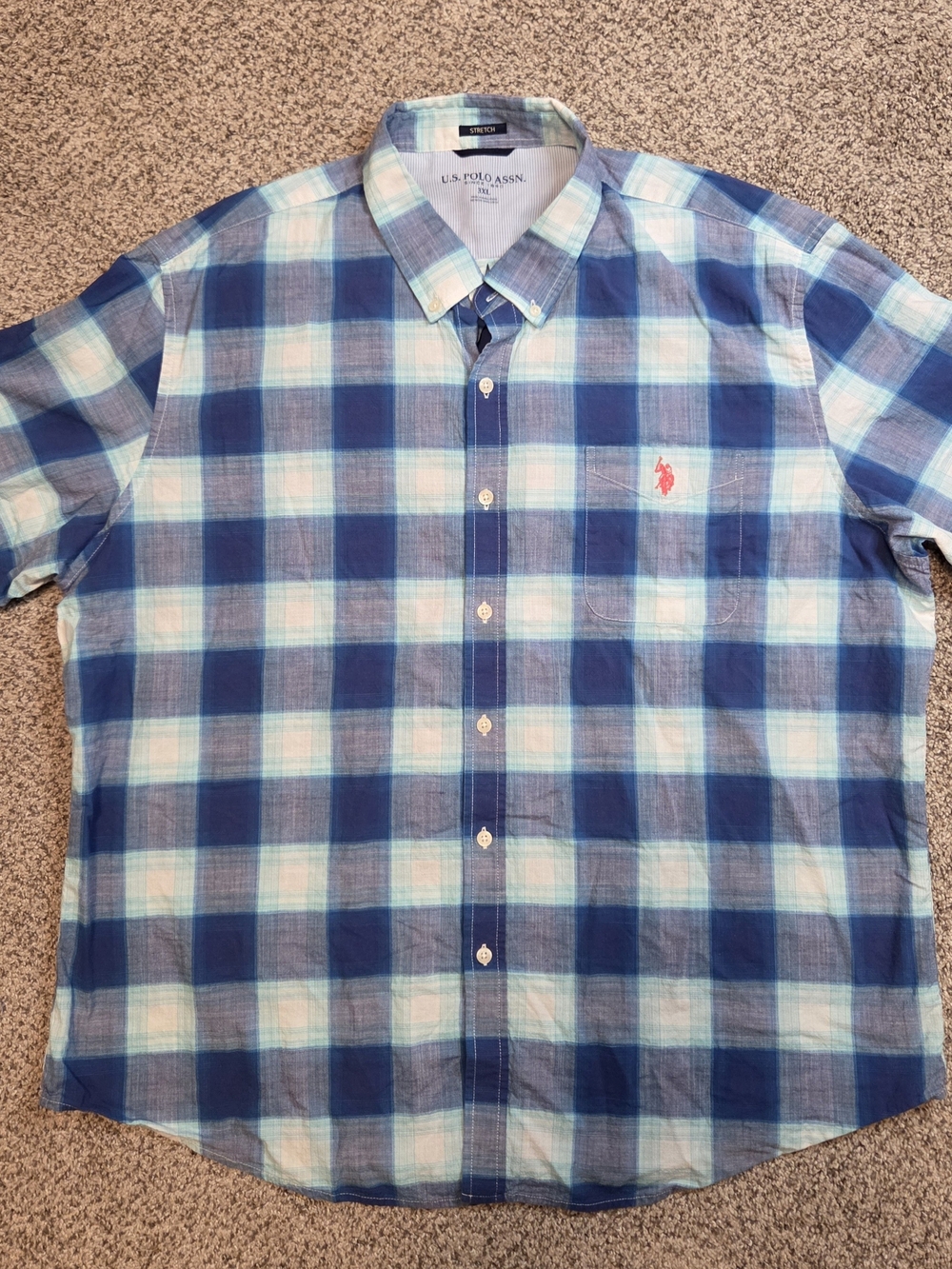 U.S. Polo Assn. Men’s 3XL Blue Teal Plaid Short Sleeve Stretch Button Up Shirt